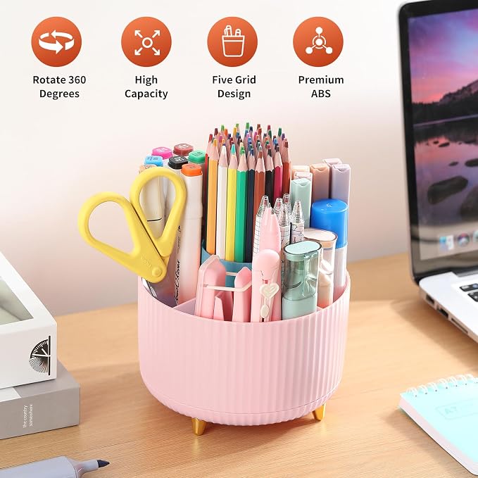 Desk Pencil Pen Holder, 5 Slots 360°Degree Rotating Organizers for Desk, Desktop Storage Stationery Supplies Organizer, Cute Cup Pot Office, School, Home, Art Supply, Pink - Image 2