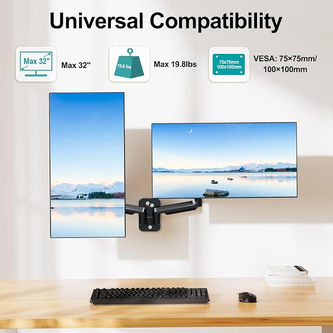MOUNT PRO Dual Monitor Wall Mount for 13 to 32 Inch Screens, Wall Monitor Arm for 2 Monitors, Each Holds Up to 19.8lbs, Full Motion Wall Monitor Mount with VESA 75x75/100x100, Home Office Setup - Image 3