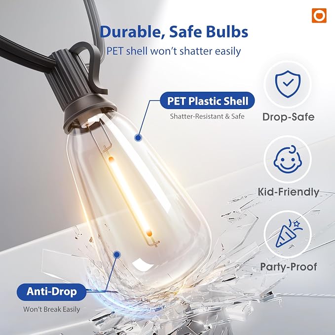 addlon 100FT(50FT*2) Outdoor String Lights ST38 LED with Remote Waterproof | 54 Dimmable Shatterproof Replaceable Bulbs, Connectable Hanging Strand for Porch Backyard Patio Garden Deck Outside, Timer - Image 4