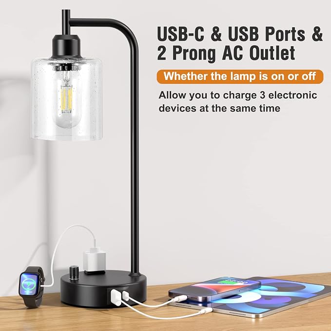Industrial Bedside Lamps Set of 2, Fully Dimmable Desk Lamps for Bedroom | Glass Shade, USB C+A Charging Port & Outlet, Black Nightstand Table Lamps for Living Room, Office, Reading, Vintage - Image 5