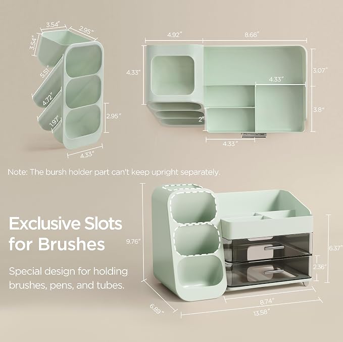 HBlife Makeup Organizer with Brush Holder for Vanity, Large Plastic Bathroom Countertop Organizer Skin Care Storage, Easy to Store Lipsticks, Nail Polishes, Perfumes, Eyeshadow Palettes, Green - Image 3