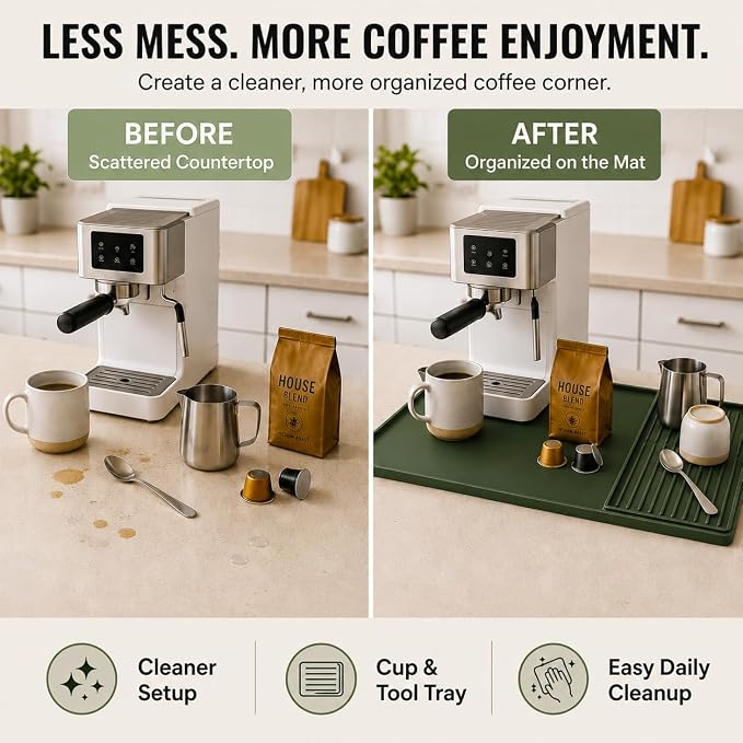 Silicone Coffee Mat 24 x 16 in with Tray, Deep Forest Green | Coffee bar mat for countertop use, coffee station mat or coffee machine mat with removable tray and 0.47 in raised rim. - Image 9
