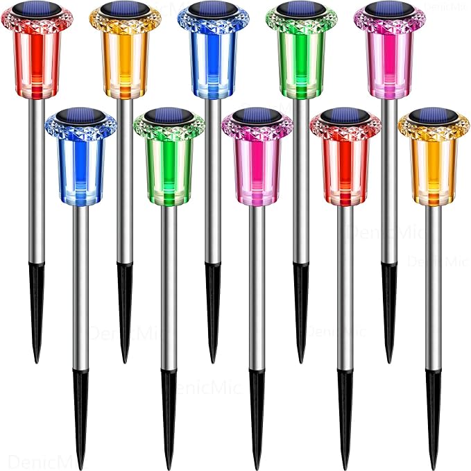 DenicMic Outdoor Solar Lights Waterproof 10 Pack Color LED Christmas Decor | Pathway Yard Garden Driveway Landscape Path Lighting - Candy Cane Style Starburst Light Pattern, Acrylic/Stainless Steel - Image 7