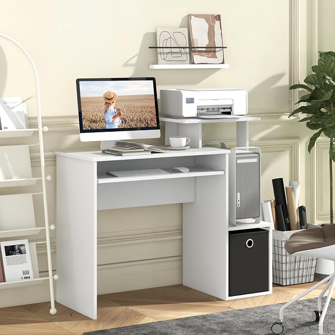 Tangkula Computer Desk with Fabric Drawer & Keyboard Tray, Space-Saving Study Writing Desk with Open Storage Shelves & Printer Stand, Modern Home Office Computer Workstation for Small Spaces (White) - Image 2