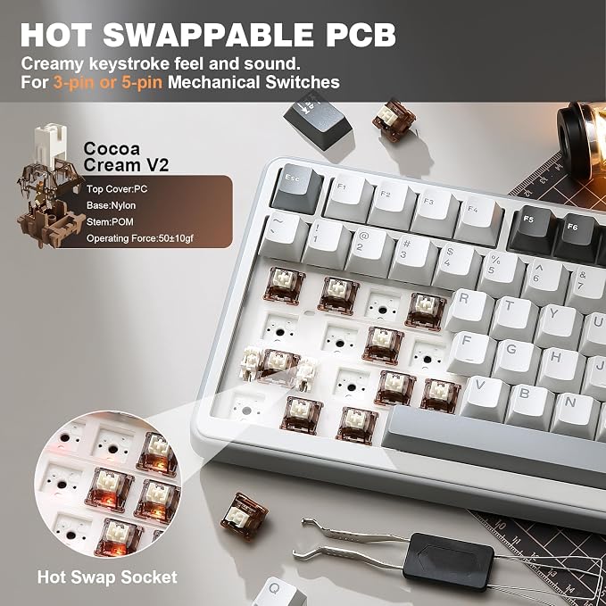 YUNZII B75 PRO 75% Wireless Mechanical Keyboard (Grey, Cocoa Cream V2) | Hot Swap Keyboard with Knob, Gasket Mount, Creamy Pre-lubed Switch for Smooth Typing, BT/USB-C/2.4G, for Gaming - Image 5