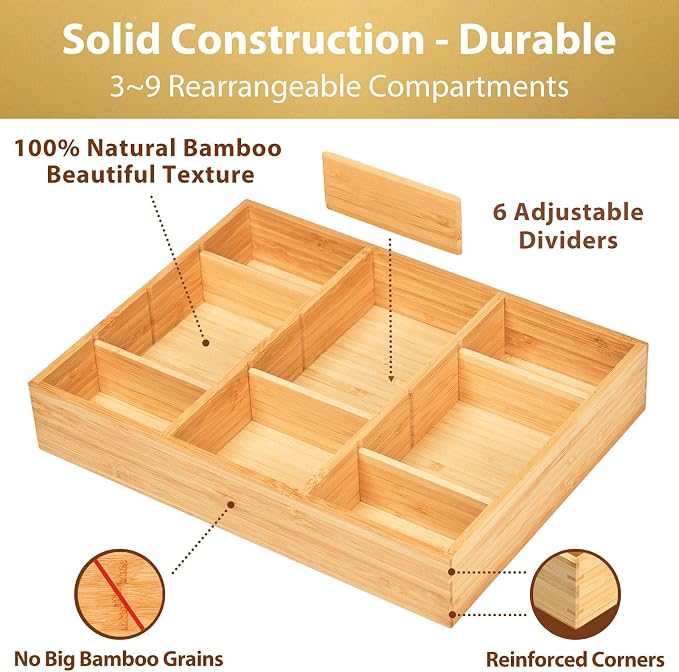 Umilife Bamboo Desk Drawer Organizer, Wood Junk Organizer Tray with Adjustable Dividers, Anti-Skip Storage Organization in Office Bathroom Drawer for Vanity, Makeup, 12" x 9" - Image 2