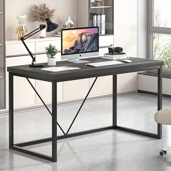 EXCEFUR Modern Computer Desk, Small Home Office Desk, Wood and Metal Writing Study Table Workstation for Bedroom Living Room, Rustic Grey, 47 inch - Image 6