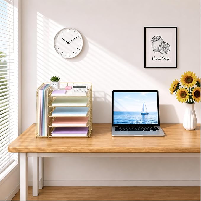 OPNICE Desk Organizer, 5-Tier Paper Organizer Letter Tray with Magazine Holder, Office Desk Accessories & Workspace Organizers, Desktop File Organizer for Office Supplies Storage, Gold - Image 7