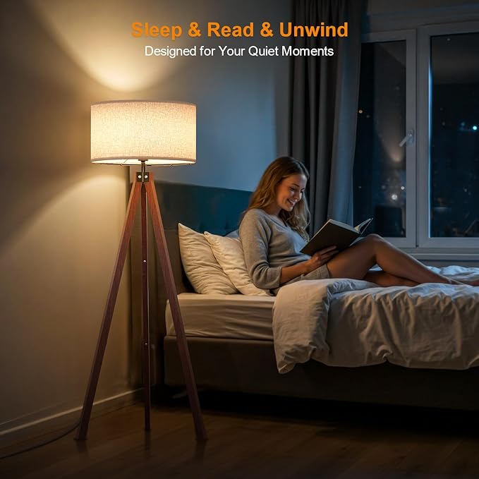 LEPOWER Tripod Floor Lamp Mid Century Modern Standing Lamps for Living Room | Light-Diffusing Linen Shade, Premium Rubberwood Tripod with E26 Base, Adding Warmth to Bedroom, Office & Study Corner Brown - Image 6