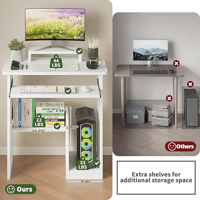 ALISENED 30 Inch Computer Desk, with Keyboard Tray & Monitor Stand | Compact Desk for Space-Saving, Ergonomic Study Desk with Storage Shelves for Writing, Gaming, Working, White - Image 6