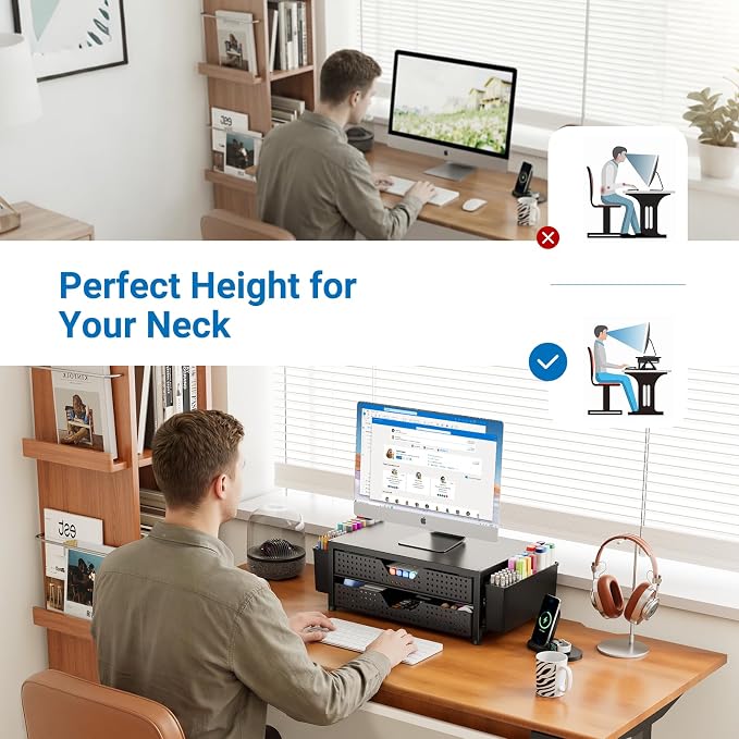 OPNICE Computer Monitor Stand Riser with 2 Drawers & 2 Pen Holders, Desk Organizer for Office Supplies, Laptop Stand for Desk, Workspace Desk Organizers and Accessories for Home Office, Black - Image 5