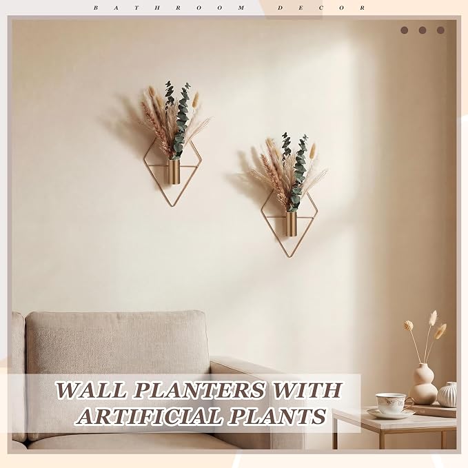 Jexine 8 Pcs Hanging Planters with Artificial Pampas Metal Hanging Vase Indoor Plants Holder Modern Geometric Boho Bathroom Wall Decor for Living Room Home Office(Antique Copper) - Image 7