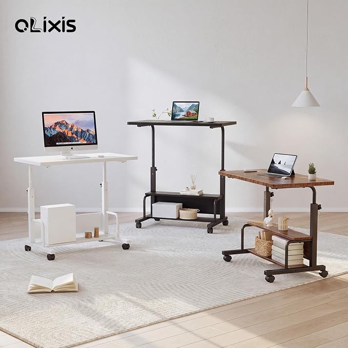 OLIXIS Rolling Desk, Storage Shelves, Laptop Table, Home Office | Height Adjustable Design, Computer Desks on Wheels, Portable for Small Spaces Use, White - Image 8