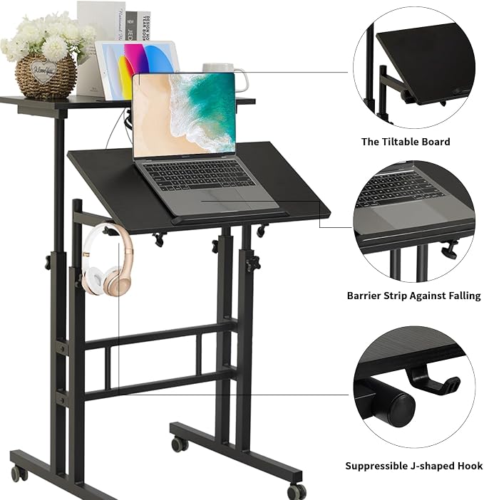 Hadulcet Mobile Standing Desk with Charging Station, Adjustable Standing Computer Desk, Standing Adjustable Laptop Cart with Wheels for Home Office Classroom Black - Image 8