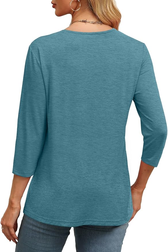 WIHOLL Womens Tops 3/4 Length Sleeve V Neck Casual Tunic Tops Basic Shirts Loose Fit Blouse - Image 4