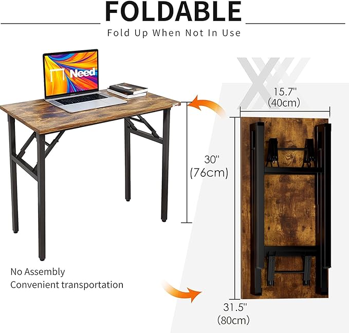 Need Small Computer Desk 31.5 Inch Folding Home Office Table Retro | Black Frame Writing Gaming Work Table/Sturdy Foldable Study Table for Small Space/Dormitory, No Assembly Required - Image 3