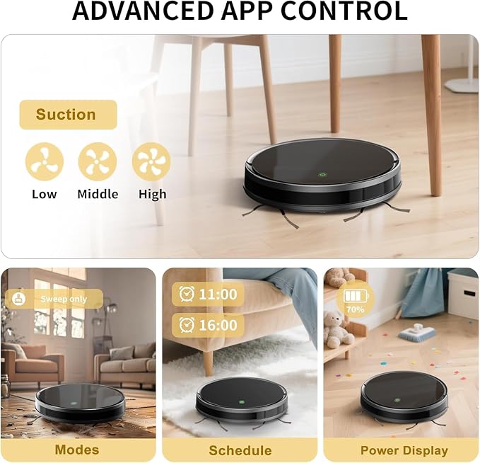 Robot Vacuum and Mop combo, 3500Pa Vacuum Cleaner Robot Navigation with high efficient roller brush, 60dB Robot Vacuum Cleaner with APP Control,Blue tooth, Ideal for Pet Hair, Carpets, Hard Floors - Image 4