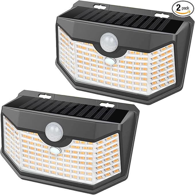 HMCITY 120 LED Outdoor Solar Lights- with Motion Sensor and 3 Lighting Modes, IP65 Waterproof Wide Solar Wall Lights Ideal for Garden Patio Yard (Front Button 2Packs, Black Shell-Warm White) by LightingUpYourLife