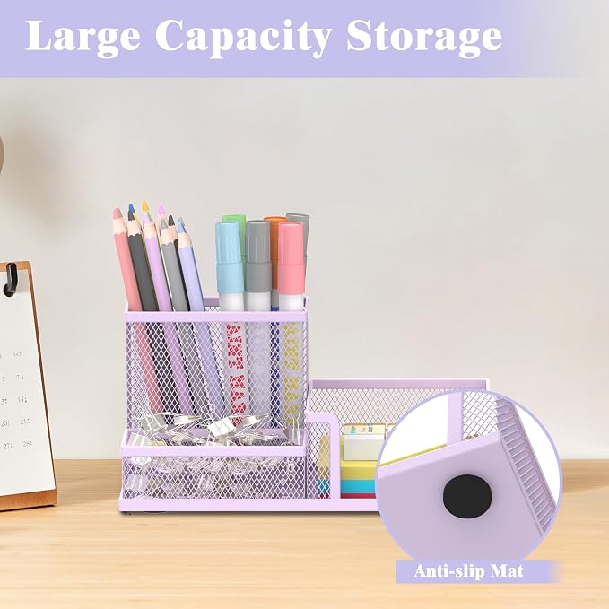 SUPEASY Mesh Pen Holder Desk Organizer, Office Supplies Pencil Storage with 3 Compartments, Office Desk Accessories and Workspace Organizers for Home School Classroom, Purple - Image 2