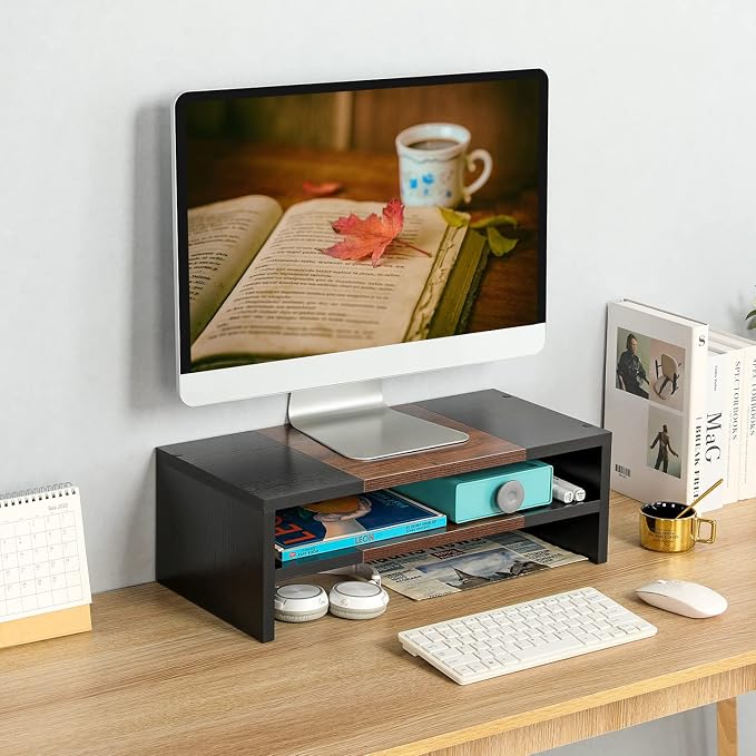 TEAMIX 20 inch Monitor Riser Stand - 2 Tiers, Wood Morden Desktop Bookshelf | Laptop/PC/Printer/Keyboard Storage, Ergonomic Design, 15mm thick Sturdy Wood Boards, TV Stand, Home Office Desk Accessories - Image 2