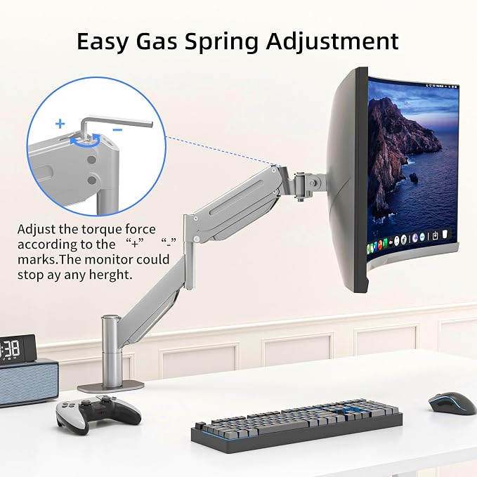 Suptek Ultrawide Monitor Arm Mount for 17 to 49 Inch Heavy Duty Curved Screen,Holds 46.2 lbs,Adjustable Gas Spring Monitor Arm Desk Mount Stand,75/100 Vesa Mount,Silver(MD71LS) - Image 6