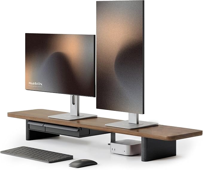 Fenge 42.5" Monitor Stand with Storage Drawers, Minimalist Monitor Riser with Solid Ash Legs and Cable Management, Wooden Desk Shelf for Home Office Workspaces, Brown by Fenge