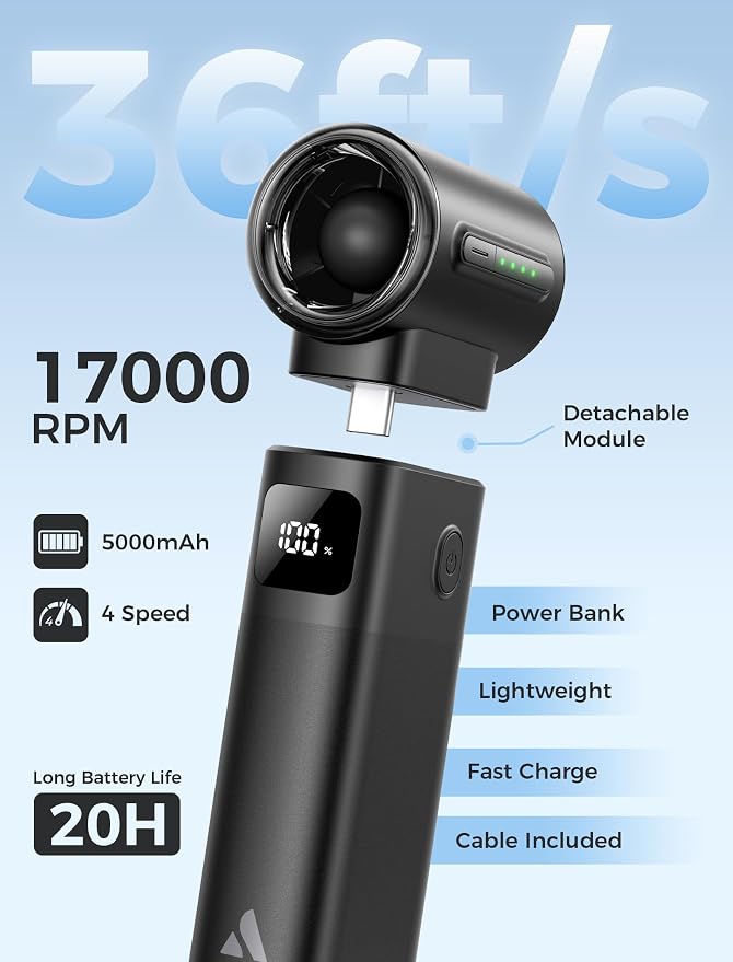 Aecooly Portable Fan with Power Bank, 36ft/s Poweful Handheld Fan, 5000mAh Battery [20H Max Cooling], 4 Speeds Mini Detachable Modular, Small Personal for Summer, Travel, Gifts for Women-Black - Image 9