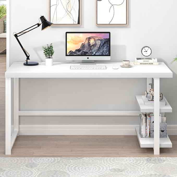 EXCEFUR White Computer Desk, Modern Home Office Desk with Storage Shelf, Wood and Metal Writing Study Table for Living Room Bedroom, 53 Inch - Image 7
