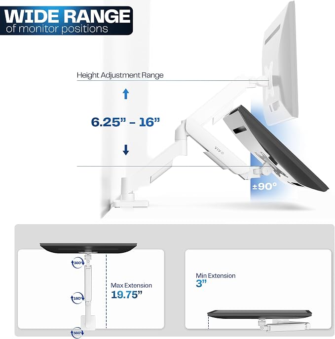 VIVO Single Monitor Stand, Fully Adjustable Arm for 17 to 32 inch Screen, Mechanical Articulating Desk Mount, Gaming and Office Setups, VESA 75x75, 100x100, Max 19.8 lbs, Classic, White, STAND-V001OW - Image 4