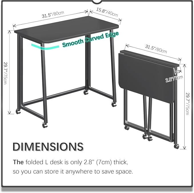 4NM 31.5" Mobile Small Folding Desk, Foldable Rolling Computer Home Office Desk, Study Writing Table for Small Space Saving Bedroom, with Wheels - All Black - Image 2