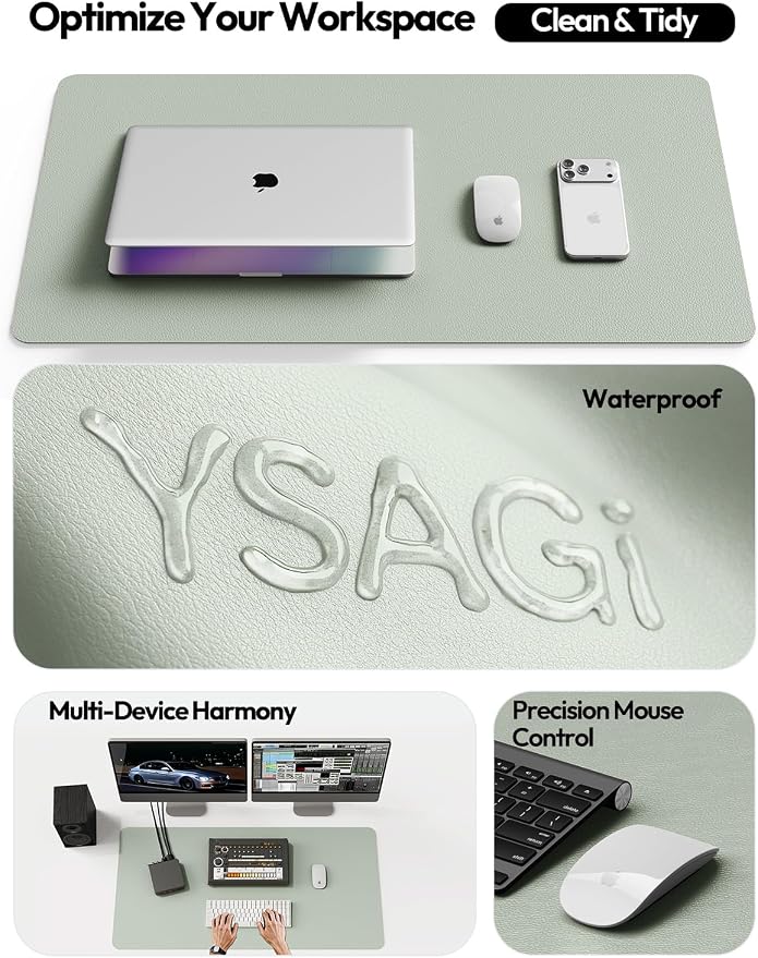 YSAGi Leather Desk Protector, Office Mat, Large Mouse Mat, Non-Slip PU Leather Blotter, Laptop Desk Mat, Waterproof Writing Pad for Office and Home(Grayish Green, 63" x 17.2") - Image 8