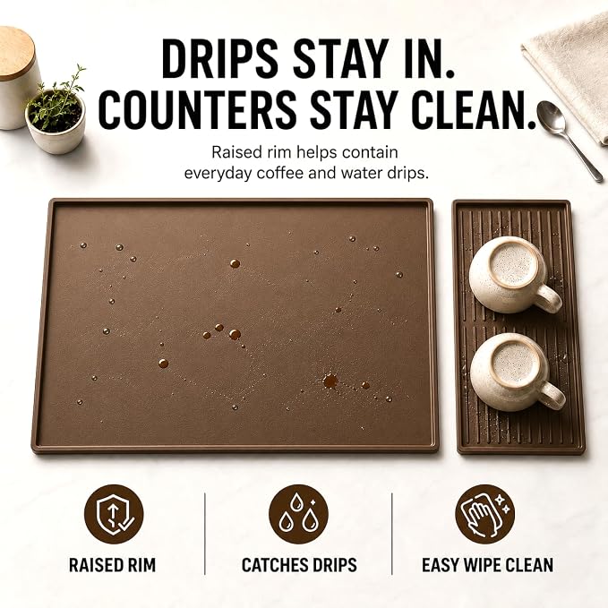 Silicone Coffee Mat 24 x 16 in with Tray, Classic Coffee Brown | Coffee bar mat for countertop use, coffee station mat or coffee machine mat with removable tray and 0.47 in raised rim. - Image 6
