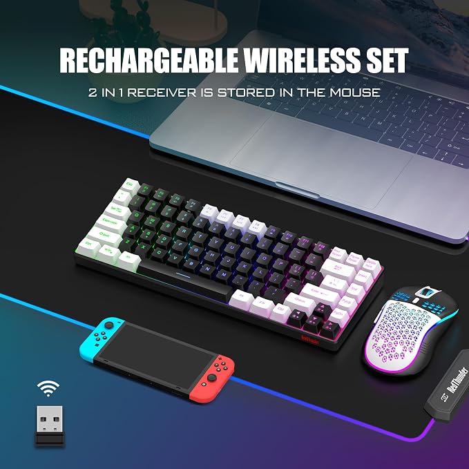 RedThunder K84 Wireless Keyboard and Mouse Combo, Rainbow Backlit Rechargeable Battery, 75% Layout TKL Ultra Compact Gaming Keyboard & Lightweight 3200 DPI Honeycomb Optical Mouse (Black-White) - Image 2