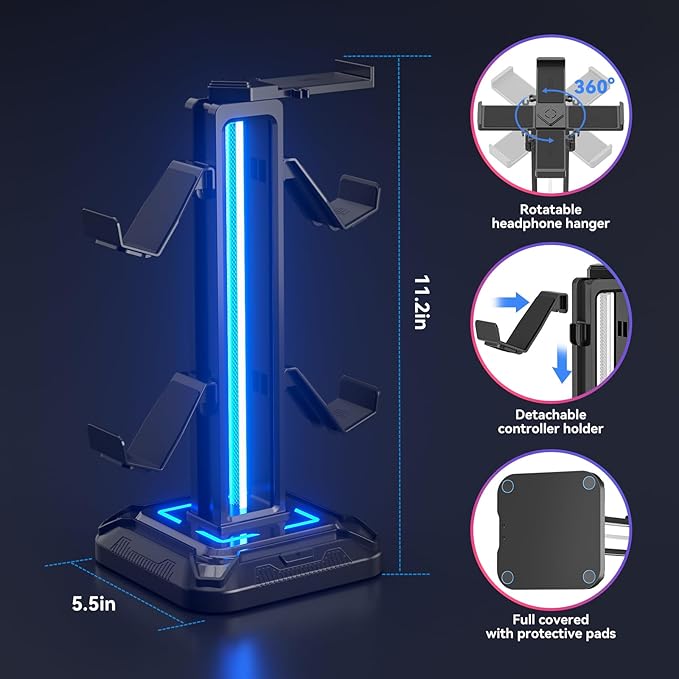 KDD RGB Headset Stand with 9 Light Modes - Controller Holder for Desk - Rotatable Headphone Stand & Detachable Controller Hook for PC Earphone Accessories(Black) - Image 4