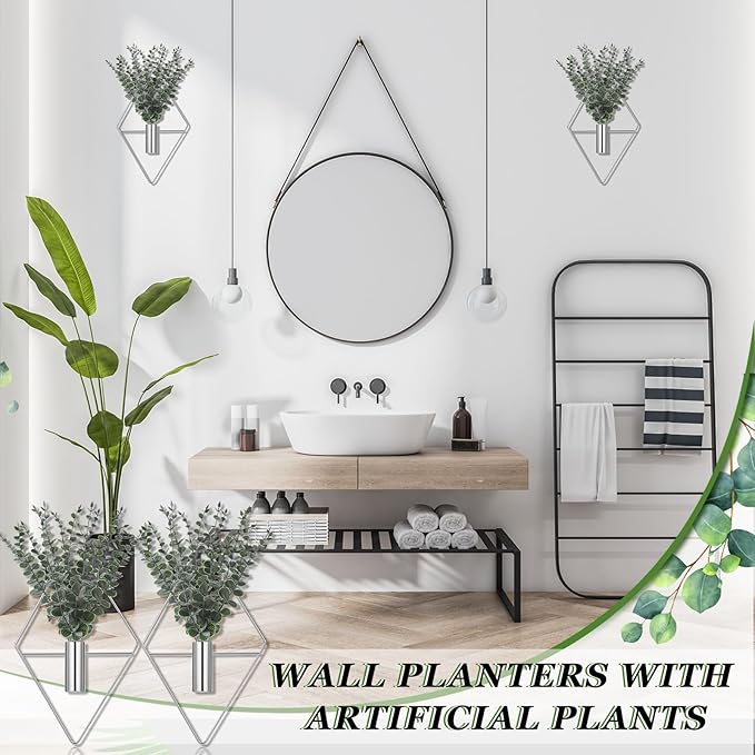 Jexine 4 Pcs Hanging Planters with Artificial Eucalyptus, Chrome Silver Wall Decor Metal Hanging Vase Indoor Plants Holder Modern Geometric Bathroom Decor for Living Room Home Office - Image 6