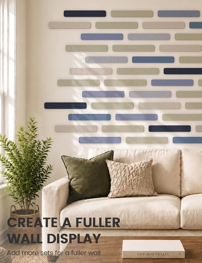 Fluxynara 13" x 2" Felt Wall Panels, Denim Mist | 8-Pack Includes 50 Push Pins and Adhesive Tabs for Photos, Notes and Decor in Bedroom Doors, Home Office or Studios - Image 7