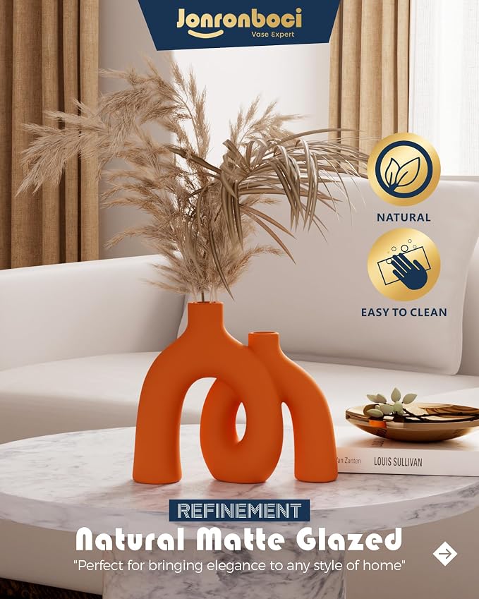 Hug Donut Decorative Vase Set - Modern Vases Home Decor, Decorative Vase for Bookshelf, Entryway Table, Dining Table Centerpiece, Mantle or Fireplace Decor, Console (Orange) - Image 4