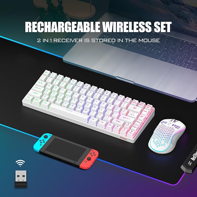 RedThunder K84 Wireless Keyboard and Mouse Combo, Rainbow Backlit Rechargeable Battery, 75% Layout TKL Ultra Compact Gaming Keyboard & Lightweight 3200 DPI Honeycomb Optical Mouse (White) - Image 2