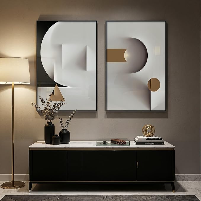Large Framed Modern Elegant Abstract Wall Art, 2 Piece Black White Gold Geometric Prints Paintings Artwork for Walls, Minimalist Wall Pictures for Living Room Dining Bedroom Hallway Wall Decor 24x36 In - Image 4
