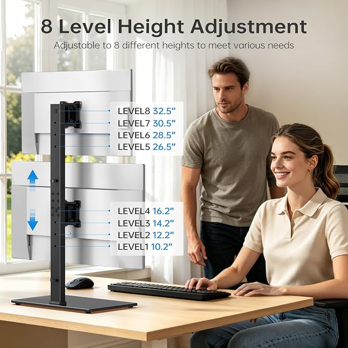Vertical Dual Monitor Stand for 13-32 Inch Monitors, No Clamp, Freestanding | Supports 44 lbs/Arm | Tempered Glass Base | ±25° Swivel | -5° to +10° Tilt | 8 Height Options | VESA 75×75/100×100 mm - Image 3