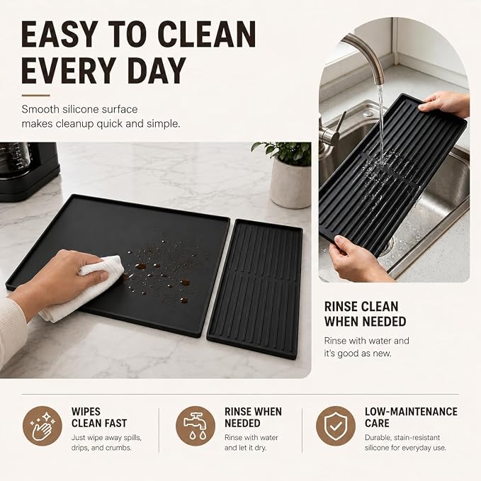 Silicone Coffee Mat 24 x 16 in with Tray, Classic Black | Coffee bar mat for countertop use, coffee station mat or coffee machine mat with removable tray and 0.47 in raised rim. - Image 9