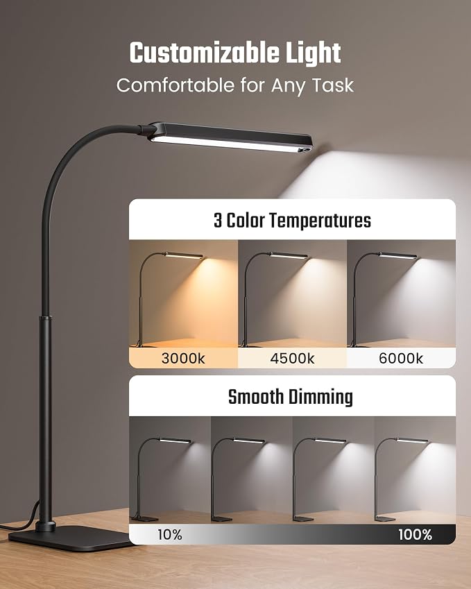 SUPERDANNY Eye-Caring LED Desk Lamp with Base 360° Flexible Gooseneck Work Lamp Touch Control 3 Light Colors Smooth Dimming Task Lighting Reading Light for Home Office College Dorm, Black - Image 4