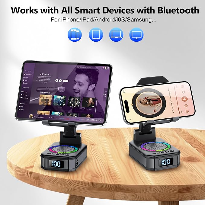 Gifts for Men Women, Cell Phone Stand with Wireless Bluetooth Speaker and Colorful LED Lights, 4-in-1 Multifunctional Phone Holder Support Fast Charging, Adjustable Desktop Stand, Best Gifts - Image 7