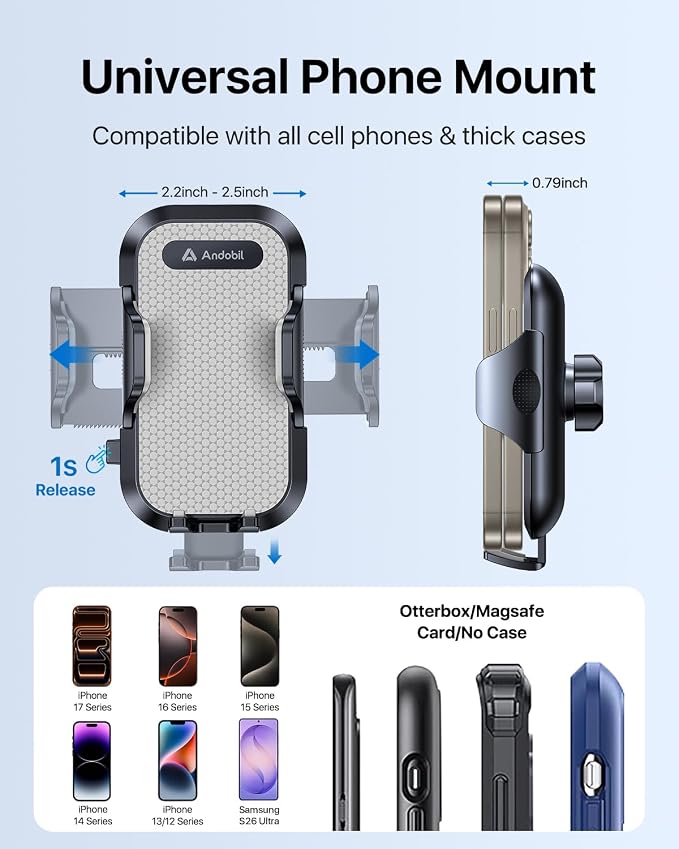 andobil Car Phone Holder, 2026 Military-Grade 89lbs Strongest Suction Phone Holders for Your Car Dashboard/Windshield/Vent Easy Clamp Cellphone Holder Truck Stand for iPhone 17 16 15 Pro Samsung Grey - Image 5