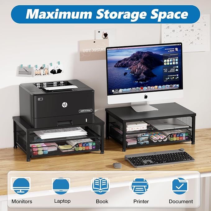 OPNICE Computer Monitor Stand Riser, Desk Organizer with Drawer, Printer & Laptop Stand, Office Desk Accessories & Workspace Desktop Organizers Storage for Office Supplies(Black 2-Pack) - Image 7