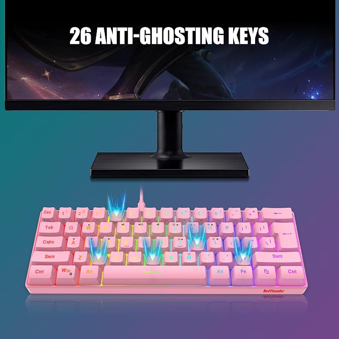 RedThunder 60% Gaming Keyboard and Mouse Combo, Ultra-Compact 61 Keys RGB Backlit Mini Keyboard, Lightweight 7200 DPI Honeycomb Optical Mouse, RGB Wired Gaming Set for PC MAC PS5 Xbox Gamer(Pink) - Image 4