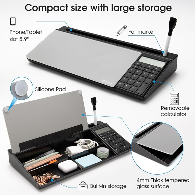 Varhomax Glass Desk Whiteboard with Calculator, Desktop Dry Erase White Board with Storage, to Do List Memo Notepad for Home and Office - Image 4