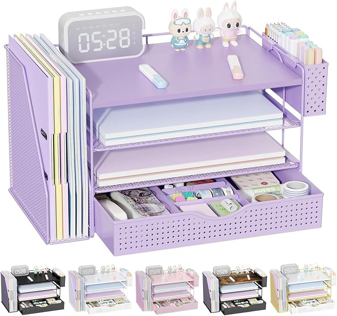 gianotter Wood Desk Organizers and Accessories with File Holder, 4-Tier Desk Accessories & Workspace Organizers with Drawer and Pen Holder, Desk Reference Organizer (Purple, 4T with Drawer) by gianotter