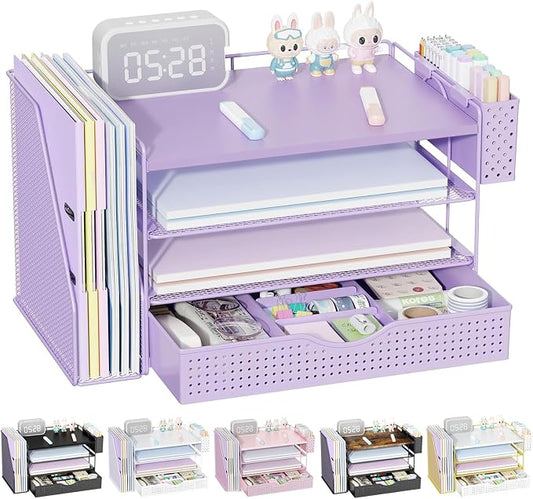 gianotter Wood Desk Organizers and Accessories with File Holder, 4-Tier Desk Accessories & Workspace Organizers with Drawer and Pen Holder, Desk Reference Organizer (Purple, 4T with Drawer) by gianotter