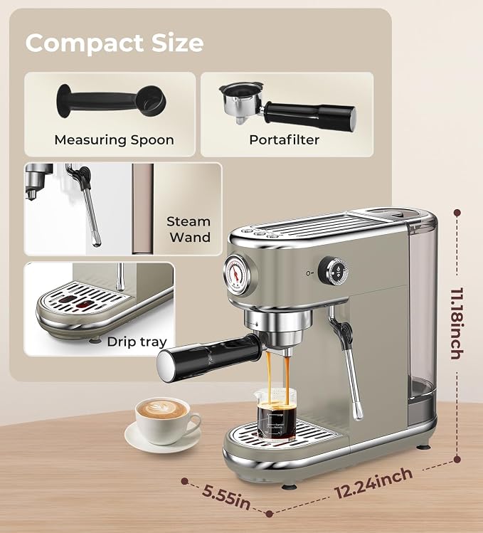 atatix 20 Bar Espresso Machine with Milk Frother, Compact Espresso Maker | Stainless Steel Coffee Machine with Precise Temp Control & 44oz Removable Water Tank for Latte, Cappuccino, Light Grey - Image 9